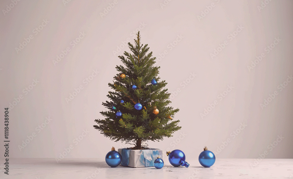 Poster a small christmas tree with blue ornaments sits on a table. the tree is surrounded by a blue box and