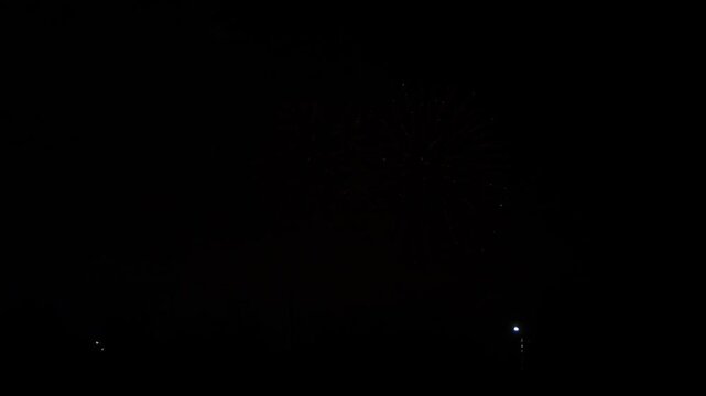 gold red green sparks scatter fireworks on the black night sky over the city. General plan