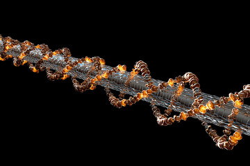 glowing visualization of single nucleotide polymorphism (SNP) on DNA strand, showcasing its intricate molecular structure and vibrant energy against black background