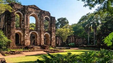 Fototapeta premium Ancient Stone Ruins Overgrown By Lush Tropical Vegetation