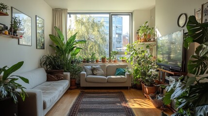 Sunlit Living Room Abundant With Lush Indoor Plants