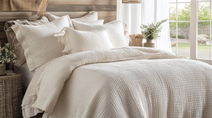 Cream Colored Quilted Bedding Set on Wooden Bed Frame