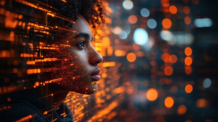 Woman's profile overlaid with digital data streams, futuristic city lights bokeh background.