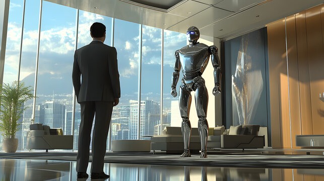 A human Standing Back to Back with Robot. 