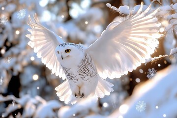 A snowy owl in flight over a snow-covered fores