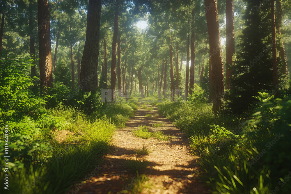 Poster a serene forest trail surrounded by tall, dense pine trees with sunlight filtering through