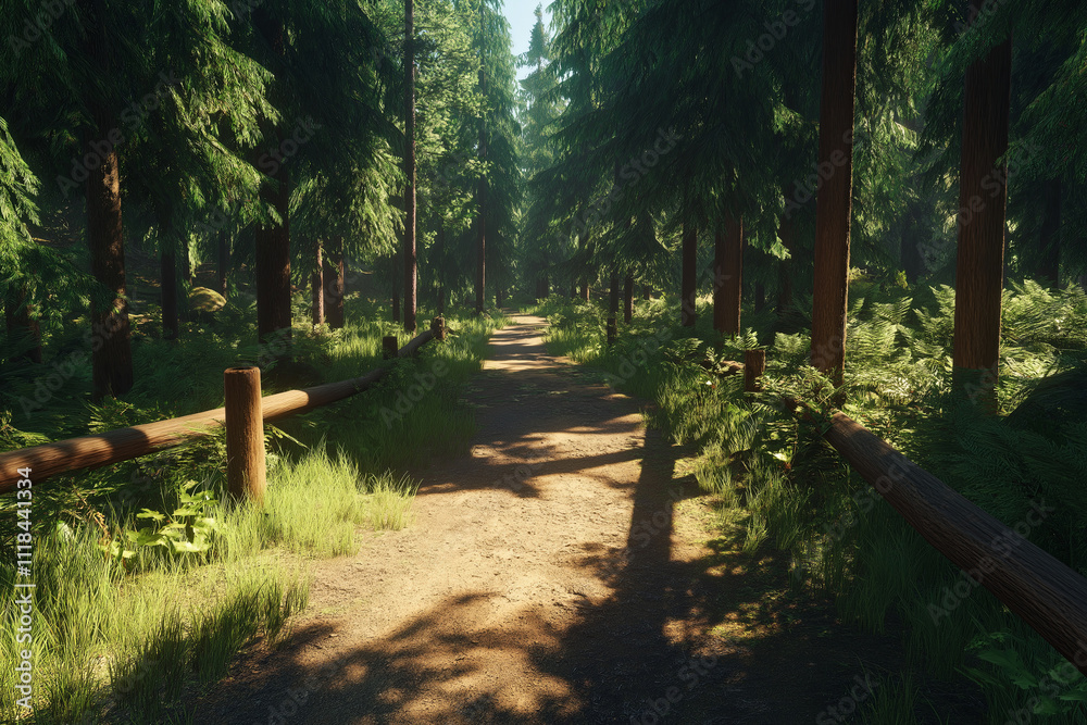 Poster a serene forest trail surrounded by tall, dense pine trees with sunlight filtering through