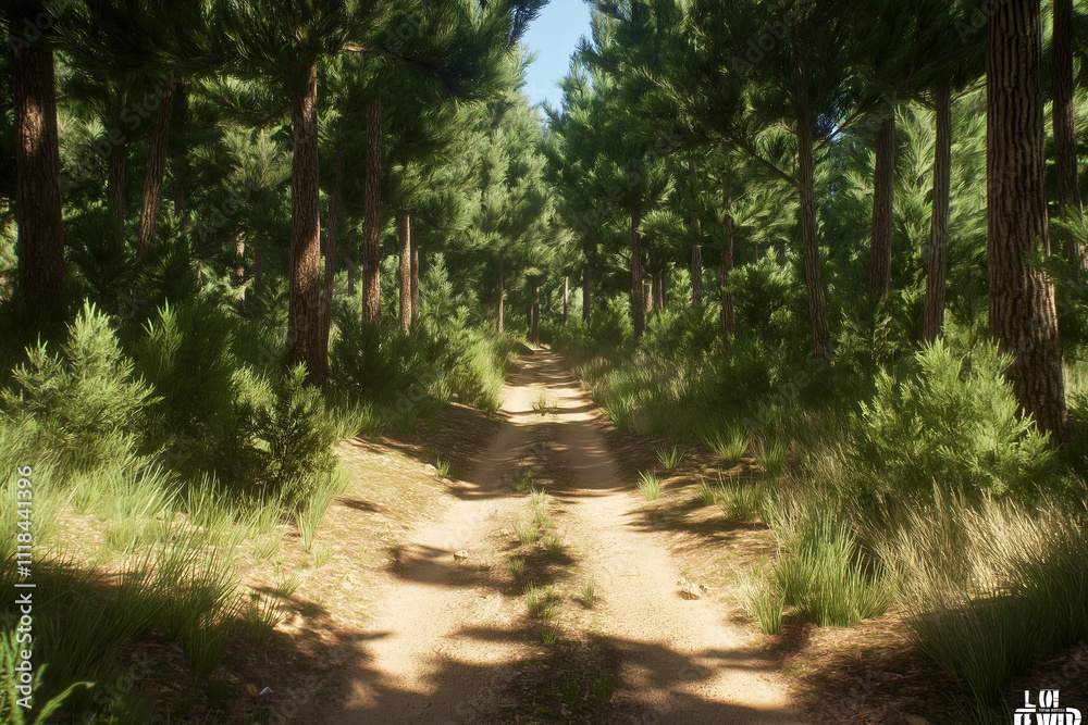 Poster a serene forest trail surrounded by tall, dense pine trees with sunlight filtering through