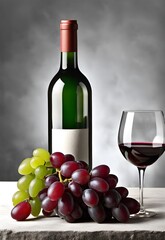 Obraz premium Illustration of wine bottle, glass of wine, and a bunches of grapes on a table. Gray background. Production at winery.. Mockup, banner, background.
