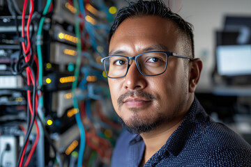 focused IT professional stands in server room surrounded by glowing equipment and colorful cables, showcasing expertise and confidence in high tech environment