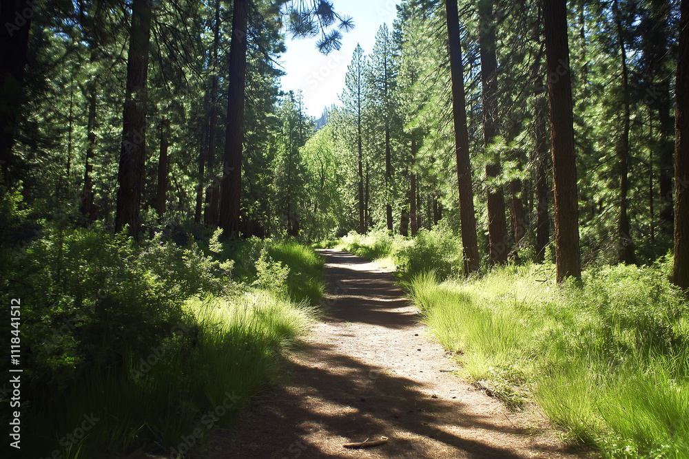 Poster a serene forest trail surrounded by tall, dense pine trees with sunlight filtering through