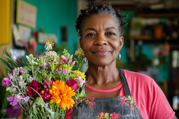 florist wearing floral apron smiles warmly while holding vibrant bouquet of colorful flowers in cheerful shop. background features plants and bright teal wall