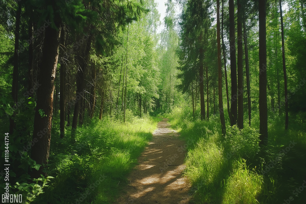 Aufkleber a serene forest trail surrounded by tall, dense pine trees with sunlight filtering through