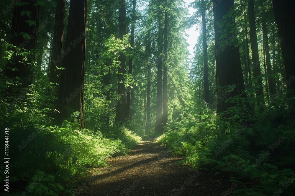 Poster a serene forest trail surrounded by tall, dense pine trees with sunlight filtering through