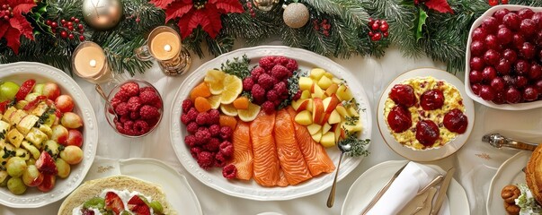 A festive brunch table adorned with elegant tableware, featuring smoked salmon, quiches, and vibrant fruit parfaits, surrounded by lush holiday floral decorations.