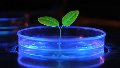 A young sprout emerging in a petri dish symbolizes innovation in plant research and growth in controlled environments for sustainable agriculture.