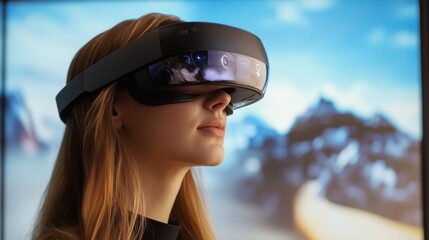Immersive VR Experience: Woman in Virtual Reality Headset