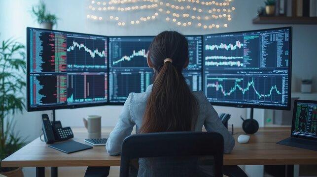 Analyst woman working remotely at stylish home office with multiple monitors displaying data