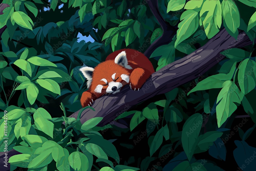 Poster a red panda lounging on a tree branch surrounded by lush greenery. --ar 3:2 --personalize v73lhwr --