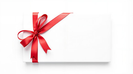Elegant White Card with Glossy Finish, Red Satin Ribbon, and Festive Gradient Background for Personalization