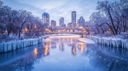 Obraz premium serene winter landscape featuring frozen river, illuminated buildings, and frosty trees. scene captures beauty of snowy city at dusk