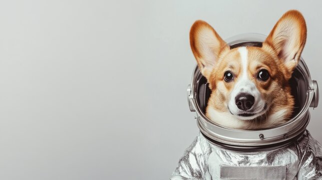 A cheerful corgi dressed as an astronaut poses in a shiny silver suit. The playful pup showcases its adorable personality, ready for an imaginary space adventure