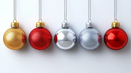 Obraz premium Colorful christmas ornaments hanging on a white background