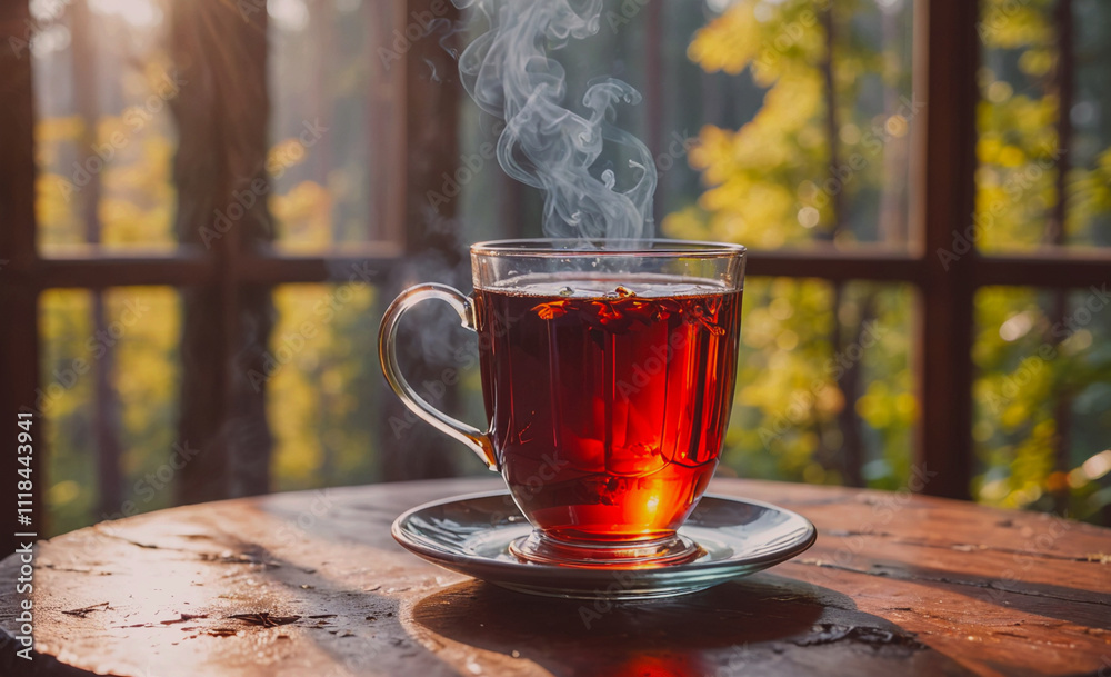 Poster a cup of tea sits on a wooden table with steam rising from it. the scene is peaceful and relaxing, w