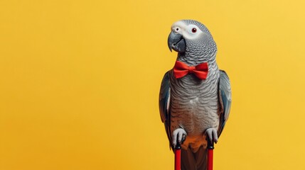 Fototapeta premium A charming grey parrot, dressed in a bright red bow tie, stands on a perch with a vibrant yellow backdrop. The parrot displays an engaging and lively demeanor in this playful setting