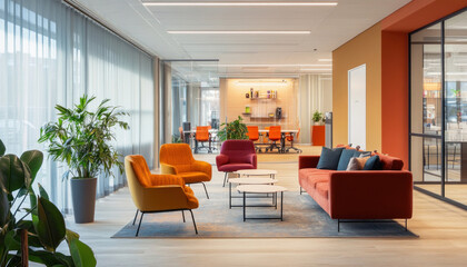 Modern office lounge area with comfortable seating and stylish decor