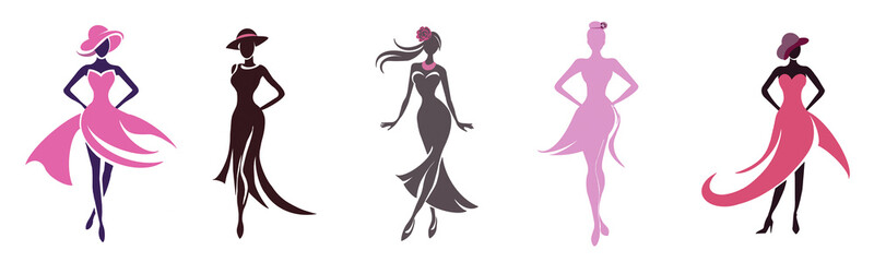 A set of elegant female silhouettes with flowing dresses, stylish hats and minimalistic designs in pink colors. Perfect for apparel design, branding, invitations or women-themed projects PNG