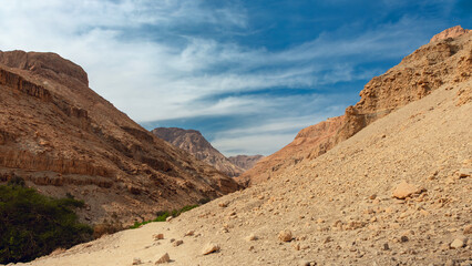 Wadi Arugot National Park is a desolate rocky landscape
