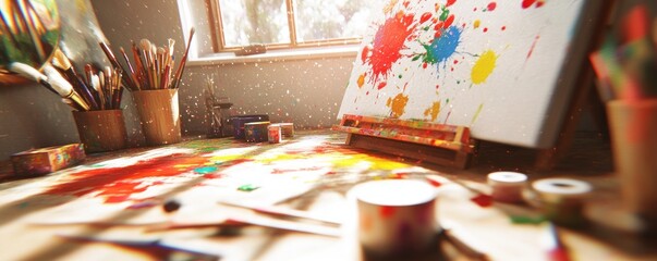 A colorful artist's workspace with paint splatters and tools for creative expression.