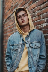 Obraz premium Retro Streetwear Fashion with Young Model in Hoodie and Denim Jacket Against Urban Brick Wall