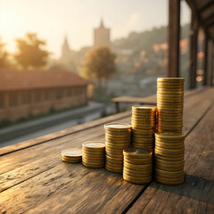 stacked gold coins on wooden table with blurred