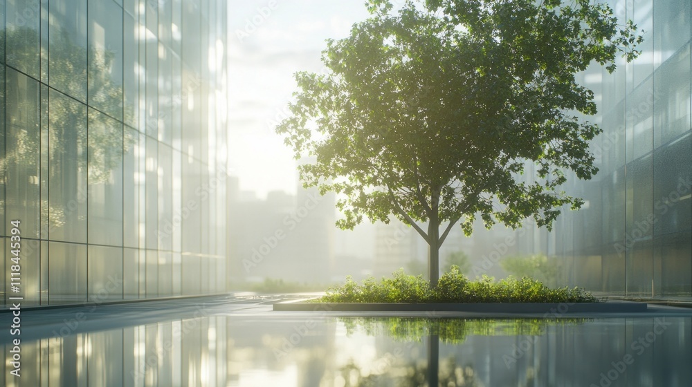 Poster sunlight filters through tall glass buildings, illuminating a solitary tree surrounded by a serene r
