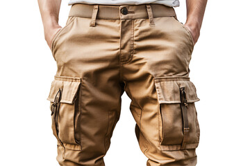 a person wearing tan pants with pockets