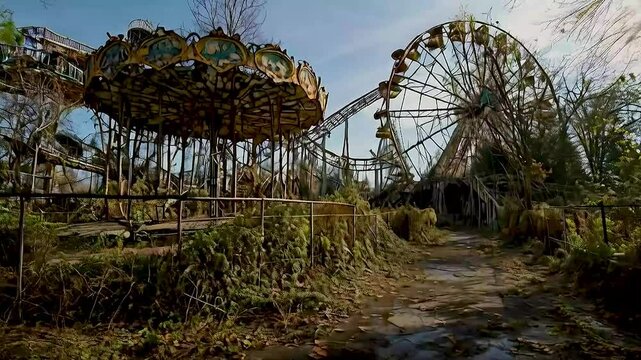 a ferris wheel  and  carousel  in the abandoned city of Prypiat, Ukraine.
