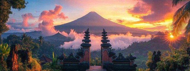 Bali Gate Volcanic Sunrise Tropical Landscape Asia Travel