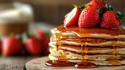 Stack of pancakes drizzled with syrup and topped with fresh strawberries.