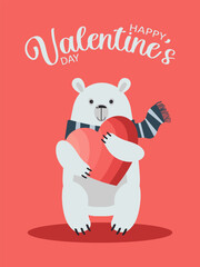 A cute cartoon polar bear holds a red big heart in its paws on a pink background. Vector.