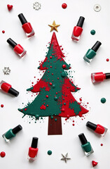 Obraz premium Creative Christmas Tree Art Made with Red and green Nail Polish, Surrounded by Colorful Nail Polish Bottles.