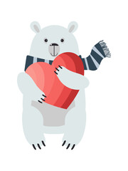 Valentine's day. Polar cartoon cute bear holding big heart in paws and isolated on white background for holiday cards. 