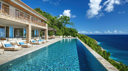 Fototapeta premium Luxurious villa with infinity pool overlooking ocean and lush greenery