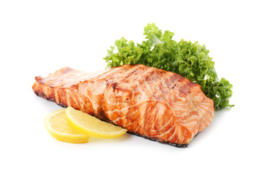 Delicious grilled salmon fillet with lemon and lettuce isolated on white