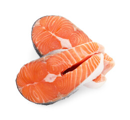 Steaks of fresh raw salmon isolated on white, top view