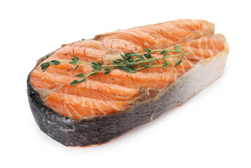 Tasty grilled salmon steak with thyme isolated on white