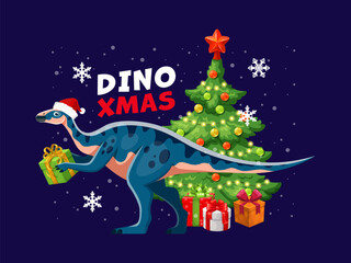 Christmas aralosaurus dinosaur greetings. Cartoon vector cute dino wearing Santa hat holds a gift in front of a sparkling Xmas tree with wrapped presents and snowflakes. Holiday festive greeting card