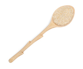 Spoon with oat bran isolated on white, top view