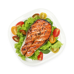 Tasty grilled salmon steak and vegetables isolated on white, top view